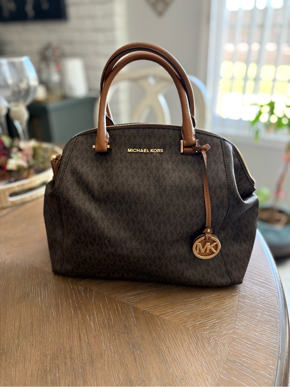 Michael Kors Brown MK Signature Satchel with Tan Handles